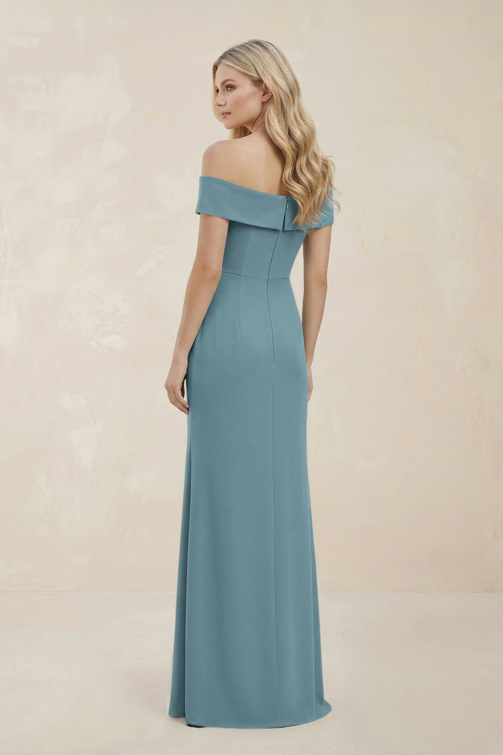 Off - the - Shoulder Satin Sheath Bridesmaid Dress With Slit in Dusty Blue - KissProm Bridesmaid Dresses