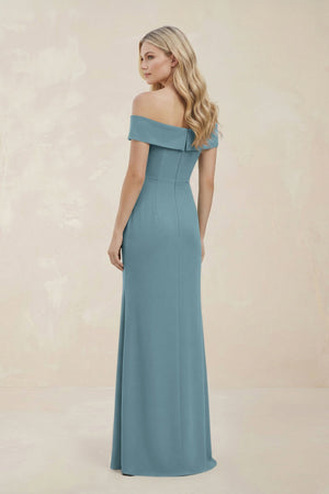 Off - the - Shoulder Satin Sheath Bridesmaid Dress With Slit in Dusty Blue - KissProm Bridesmaid Dresses