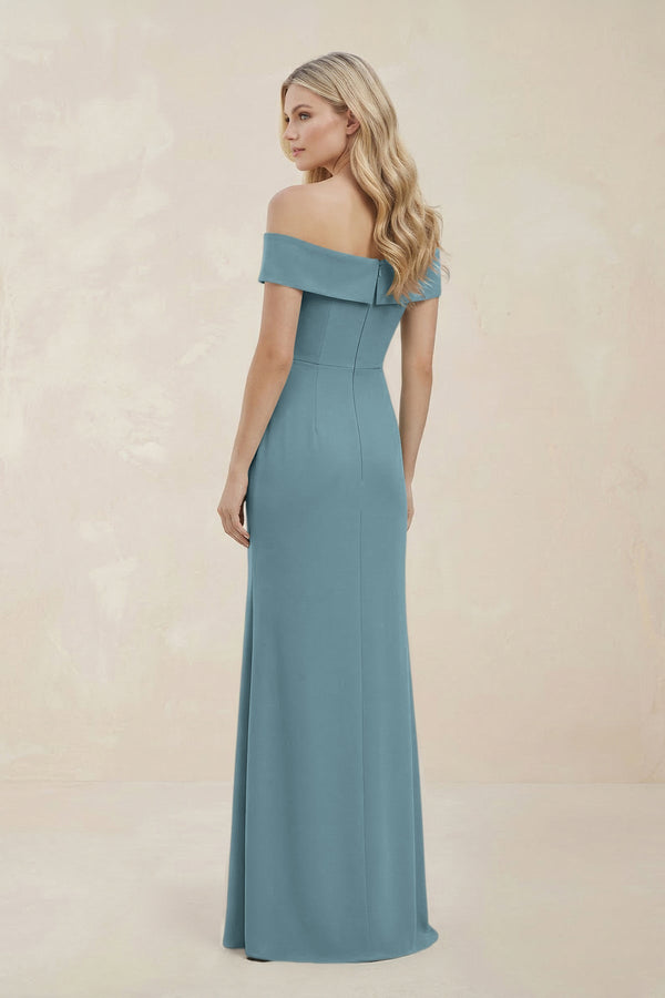 Off - the - Shoulder Satin Sheath Bridesmaid Dress With Slit in Dusty Blue - KissProm Bridesmaid Dresses