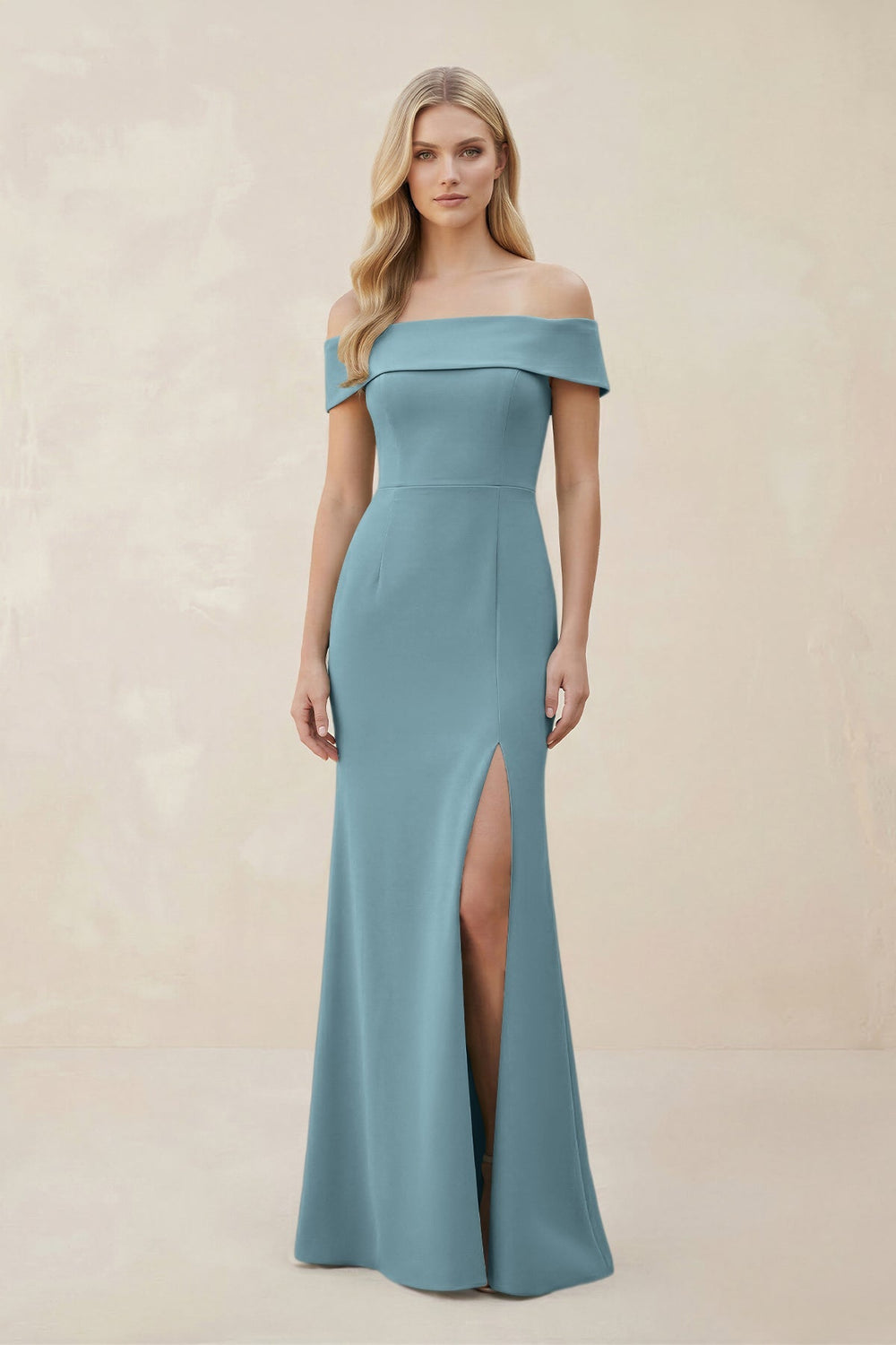 Off - the - Shoulder Satin Sheath Bridesmaid Dress With Slit in Dusty Blue - KissProm Bridesmaid Dresses