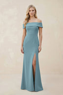 Off - the - Shoulder Satin Sheath Bridesmaid Dress With Slit in Dusty Blue - KissProm Bridesmaid Dresses