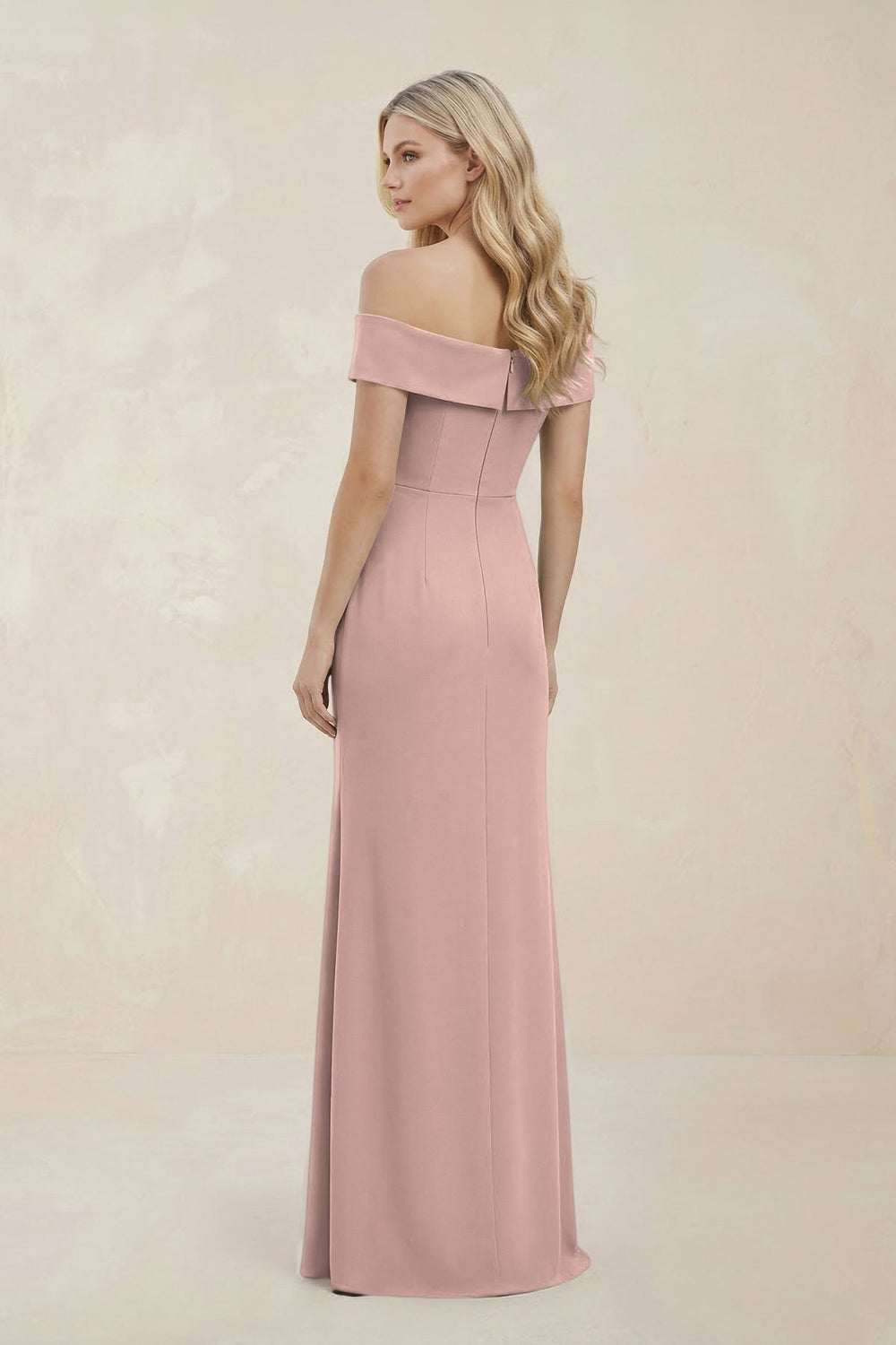 Off - the - Shoulder Satin Sheath Bridesmaid Dress With Slit in Dusty Rose - KissProm Bridesmaid Dresses
