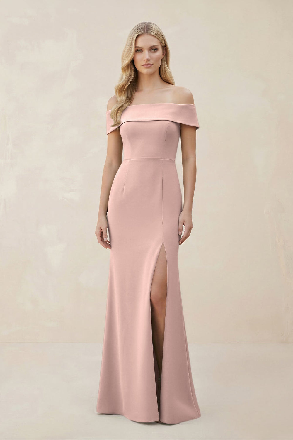 Off - the - Shoulder Satin Sheath Bridesmaid Dress With Slit in Dusty Rose - KissProm Bridesmaid Dresses