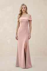 Off - the - Shoulder Satin Sheath Bridesmaid Dress With Slit in Dusty Rose - KissProm Bridesmaid Dresses