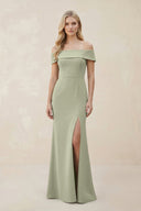 Off - the - Shoulder Satin Sheath Bridesmaid Dress With Slit in Dusty Sage - KissProm Bridesmaid Dresses