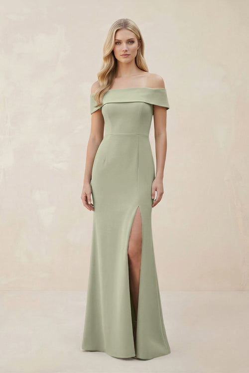 Off - the - Shoulder Satin Sheath Bridesmaid Dress With Slit in Dusty Sage - KissProm Bridesmaid Dresses