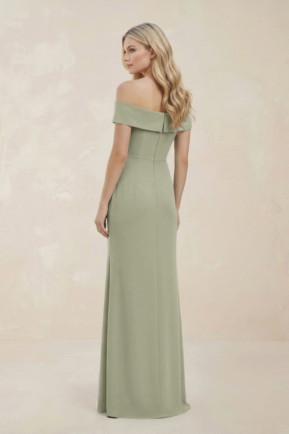 Off - the - Shoulder Satin Sheath Bridesmaid Dress With Slit in Dusty Sage - KissProm Bridesmaid Dresses