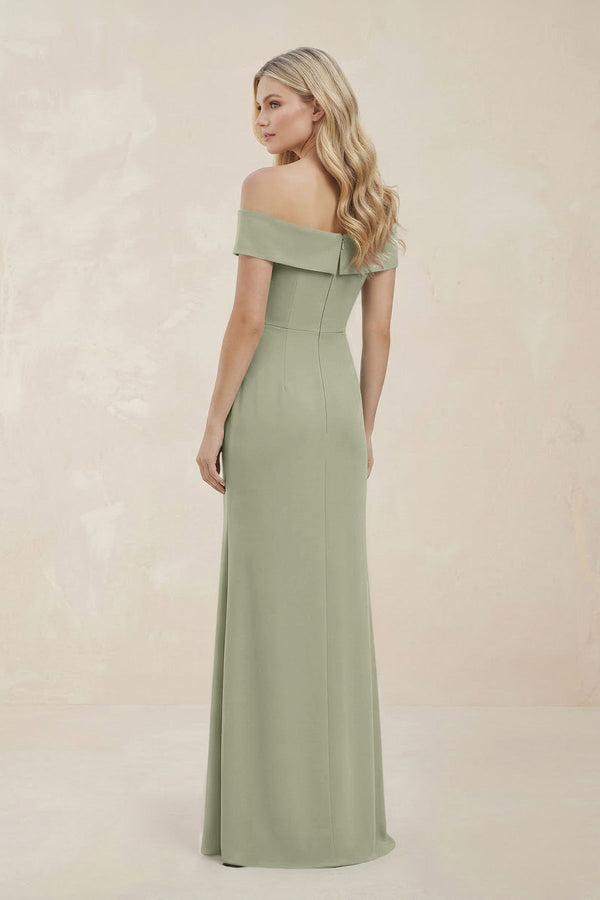 Off - the - Shoulder Satin Sheath Bridesmaid Dress With Slit in Dusty Sage - KissProm Bridesmaid Dresses