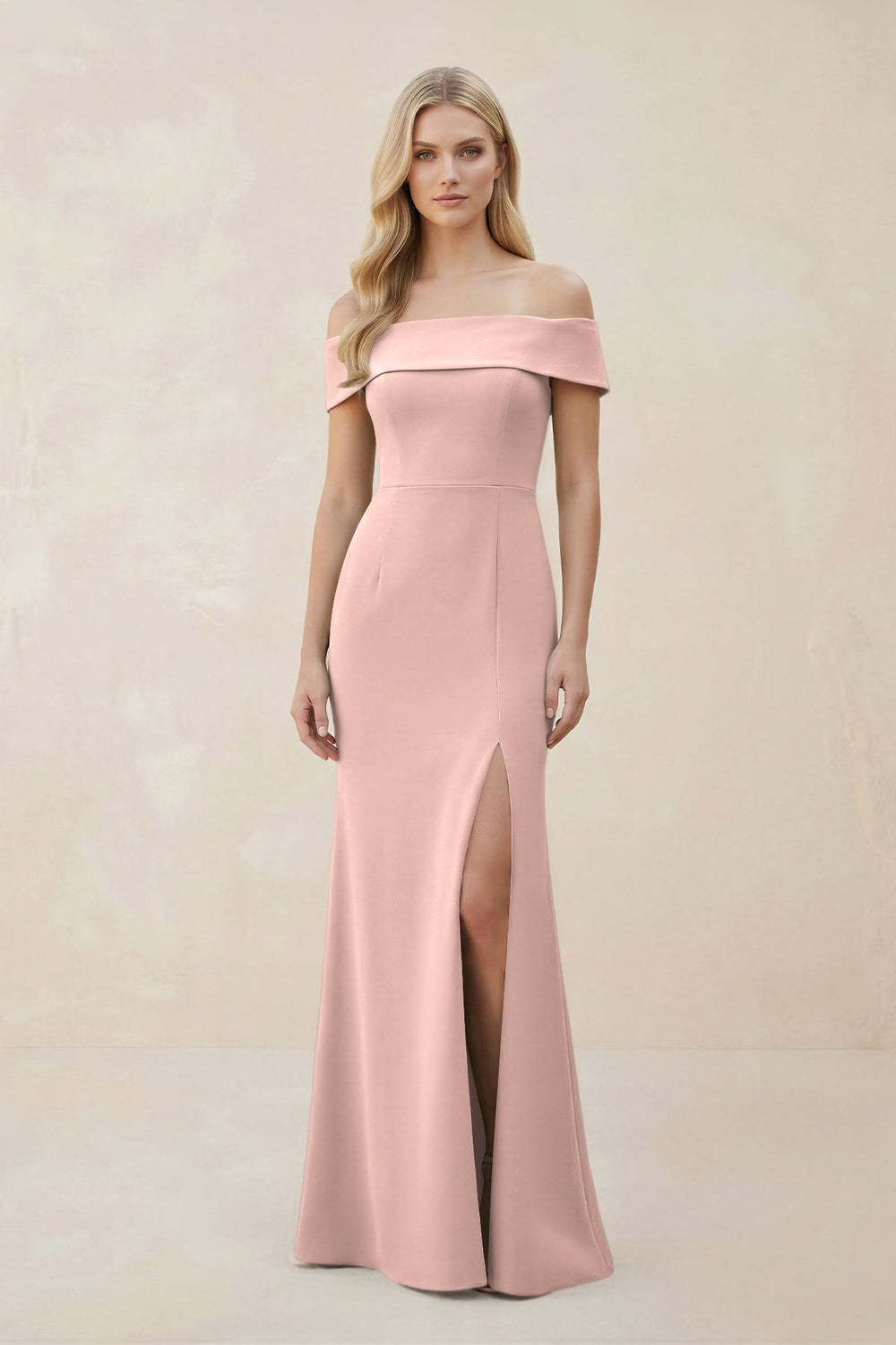 Off - the - Shoulder Satin Sheath Bridesmaid Dress With Slit in English Rose - KissProm Bridesmaid Dresses