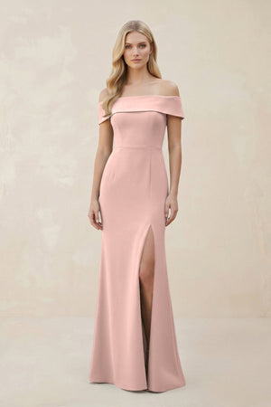 Off - the - Shoulder Satin Sheath Bridesmaid Dress With Slit in English Rose - KissProm Bridesmaid Dresses