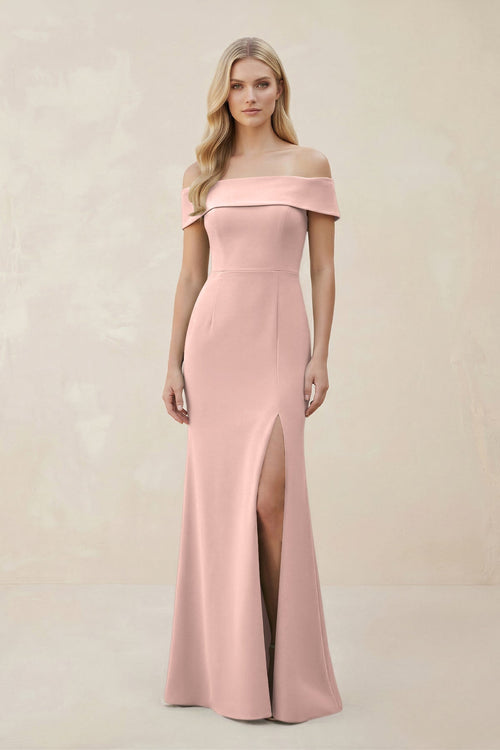 Off - the - Shoulder Satin Sheath Bridesmaid Dress With Slit in English Rose - KissProm Bridesmaid Dresses