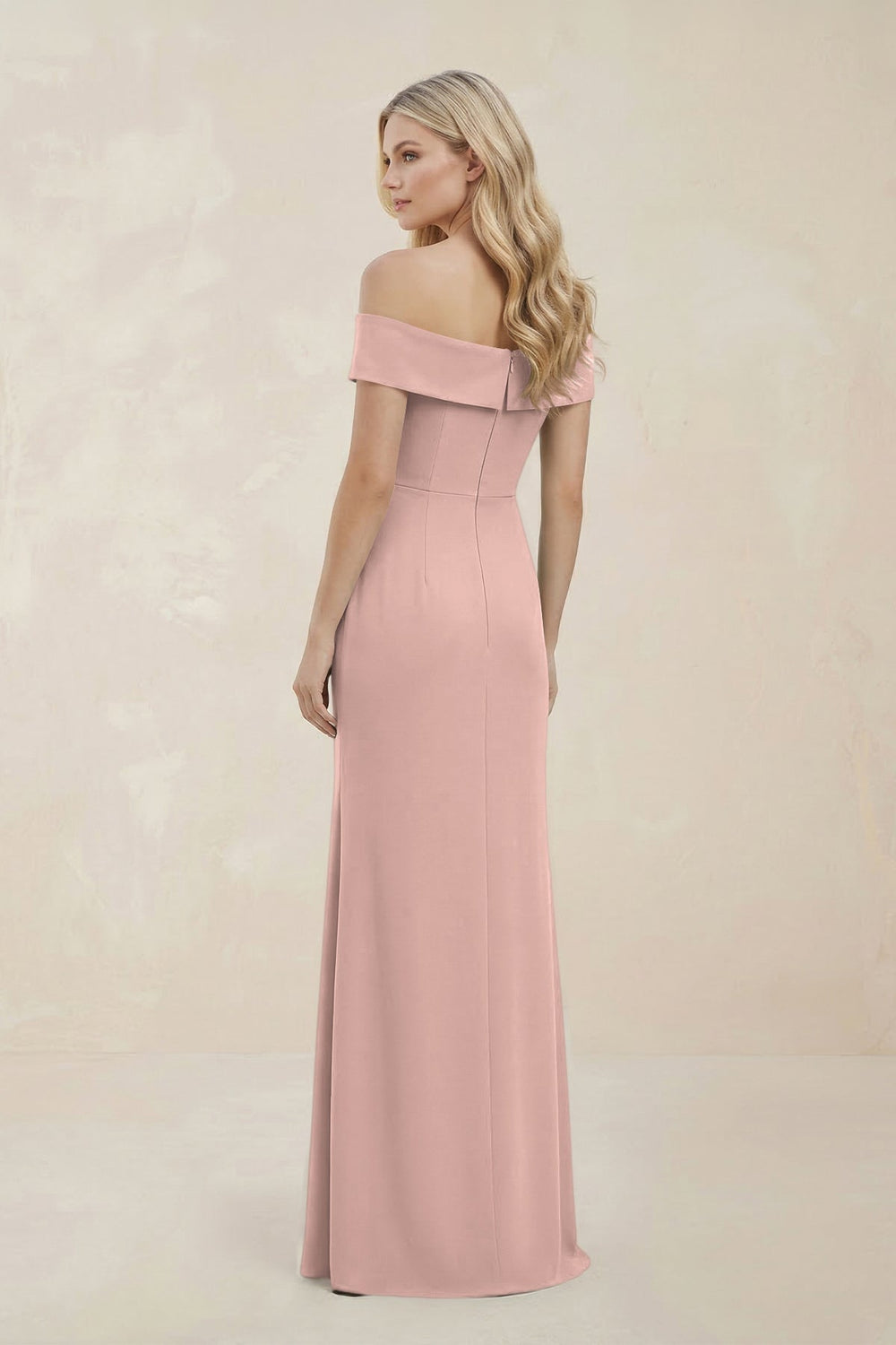Off - the - Shoulder Satin Sheath Bridesmaid Dress With Slit in English Rose - KissProm Bridesmaid Dresses