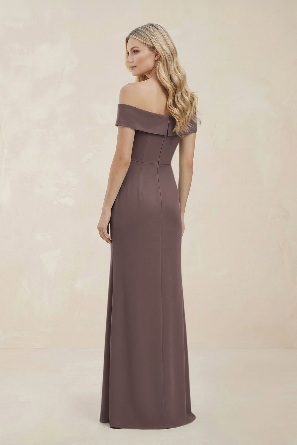 Off - the - Shoulder Satin Sheath Bridesmaid Dress With Slit in Espresso - KissProm Bridesmaid Dresses