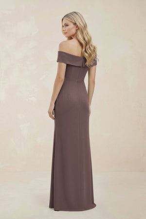 Off - the - Shoulder Satin Sheath Bridesmaid Dress With Slit in Espresso - KissProm Bridesmaid Dresses
