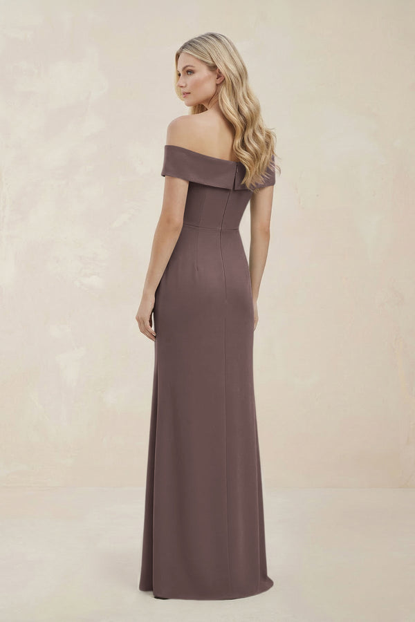 Off - the - Shoulder Satin Sheath Bridesmaid Dress With Slit in Espresso - KissProm Bridesmaid Dresses
