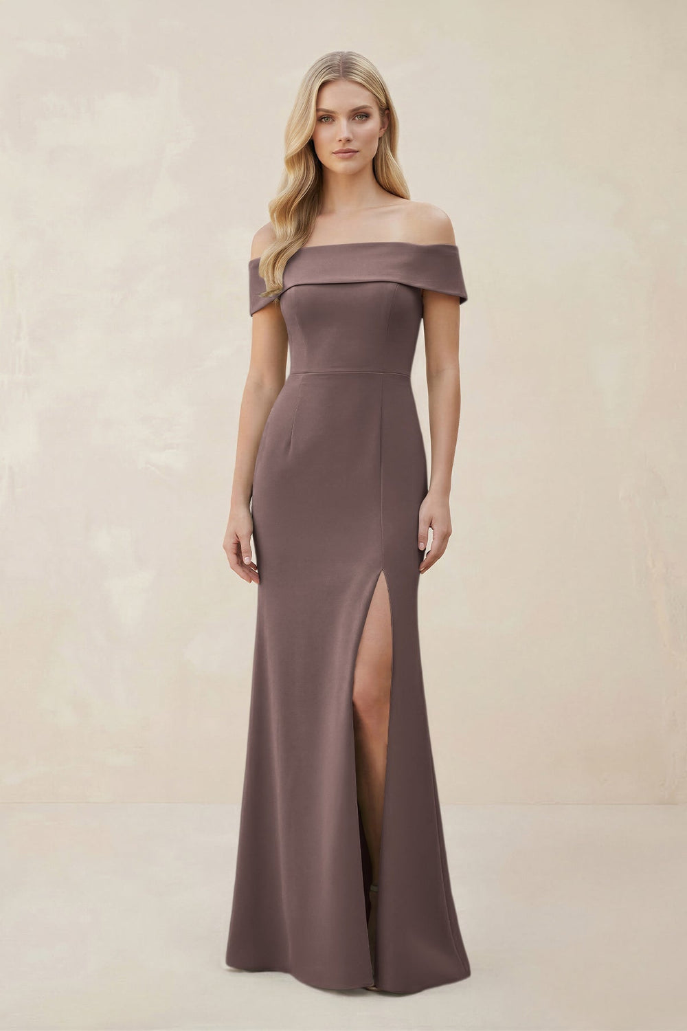 Off - the - Shoulder Satin Sheath Bridesmaid Dress With Slit in Espresso - KissProm Bridesmaid Dresses