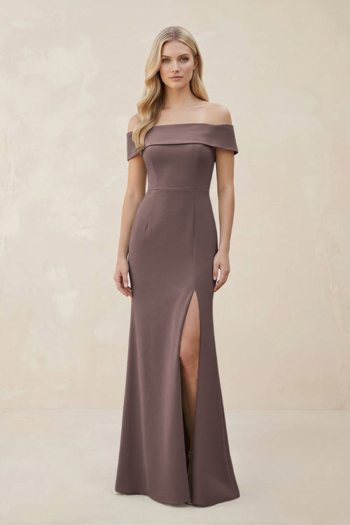 Off - the - Shoulder Satin Sheath Bridesmaid Dress With Slit in Espresso - KissProm Bridesmaid Dresses