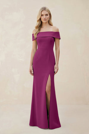 Off - the - Shoulder Satin Sheath Bridesmaid Dress With Slit in Fig - KissProm Bridesmaid Dresses