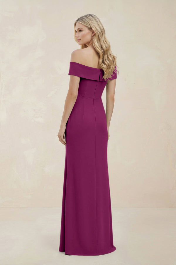 Off - the - Shoulder Satin Sheath Bridesmaid Dress With Slit in Fig - KissProm Bridesmaid Dresses