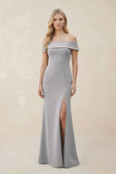 Off - the - Shoulder Satin Sheath Bridesmaid Dress With Slit in Frost - KissProm Bridesmaid Dresses