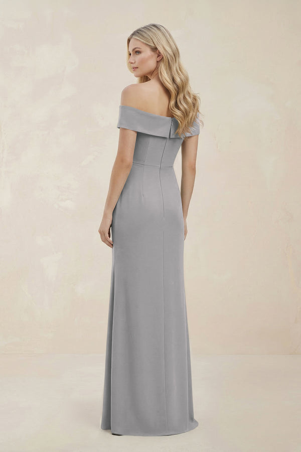 Off - the - Shoulder Satin Sheath Bridesmaid Dress With Slit in Frost - KissProm Bridesmaid Dresses