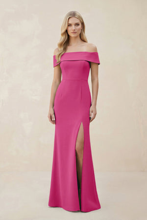 Off - the - Shoulder Satin Sheath Bridesmaid Dress With Slit in Fuchsia - KissProm Bridesmaid Dresses