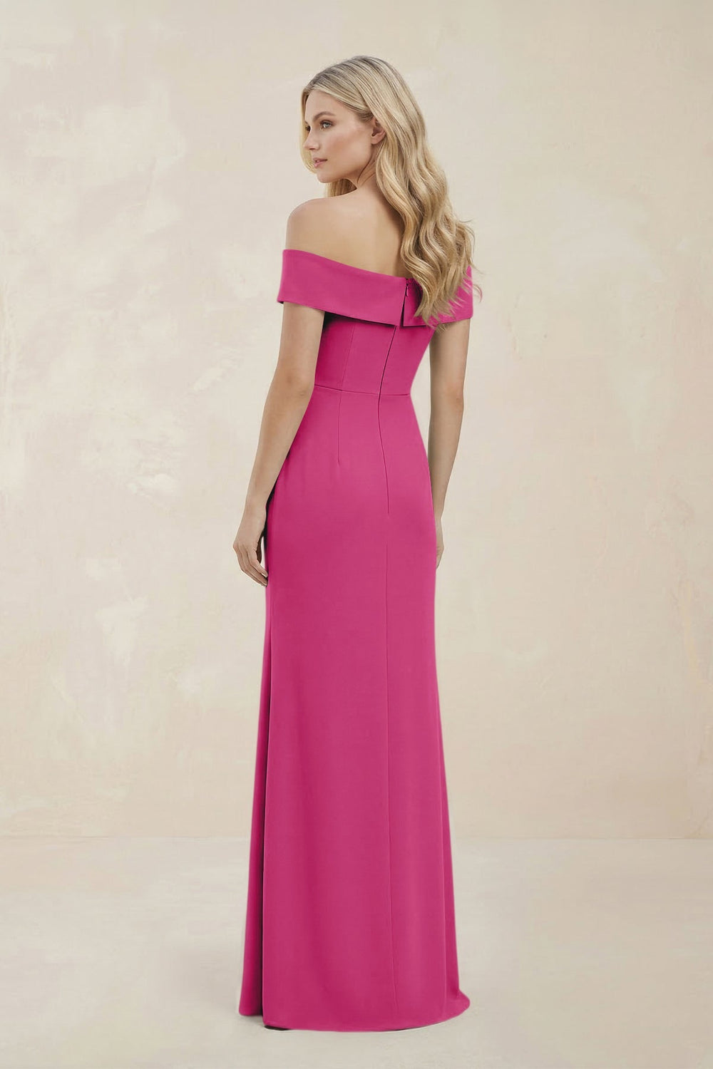 Off - the - Shoulder Satin Sheath Bridesmaid Dress With Slit in Fuchsia - KissProm Bridesmaid Dresses