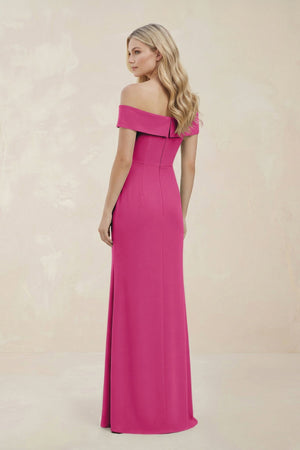 Off - the - Shoulder Satin Sheath Bridesmaid Dress With Slit in Fuchsia - KissProm Bridesmaid Dresses