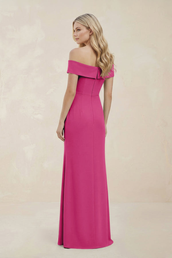 Off - the - Shoulder Satin Sheath Bridesmaid Dress With Slit in Fuchsia - KissProm Bridesmaid Dresses