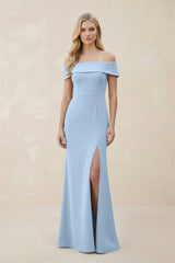 Off - the - Shoulder Satin Sheath Bridesmaid Dress With Slit in Ice - KissProm Bridesmaid Dresses