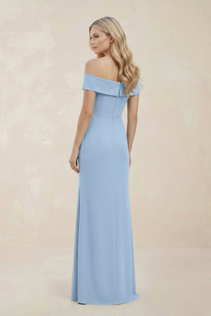 Off - the - Shoulder Satin Sheath Bridesmaid Dress With Slit in Ice - KissProm Bridesmaid Dresses