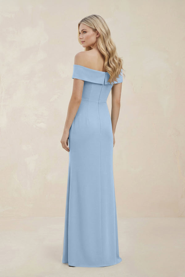 Off - the - Shoulder Satin Sheath Bridesmaid Dress With Slit in Ice - KissProm Bridesmaid Dresses