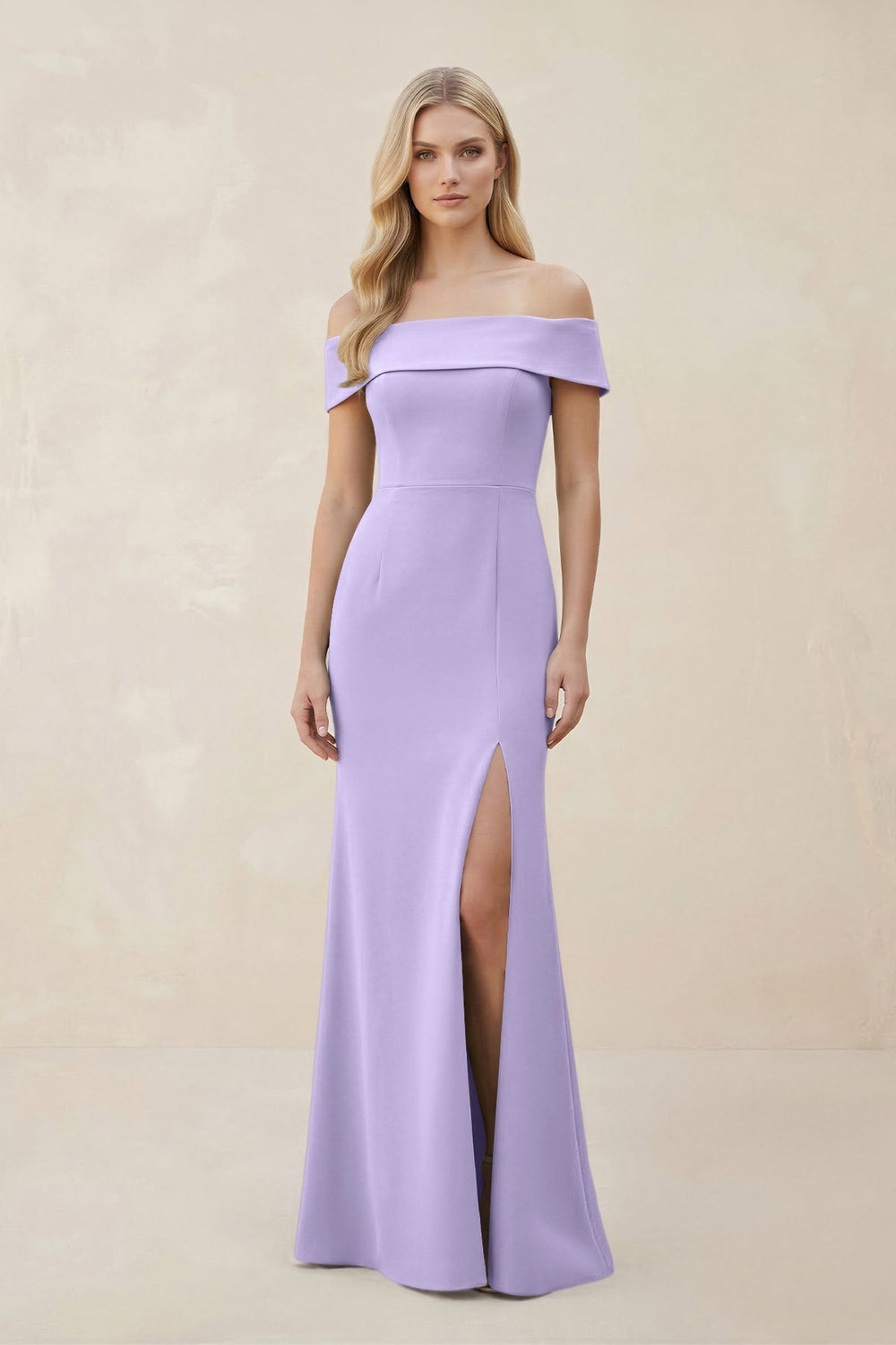 Off - the - Shoulder Satin Sheath Bridesmaid Dress With Slit in Lavender - KissProm Bridesmaid Dresses