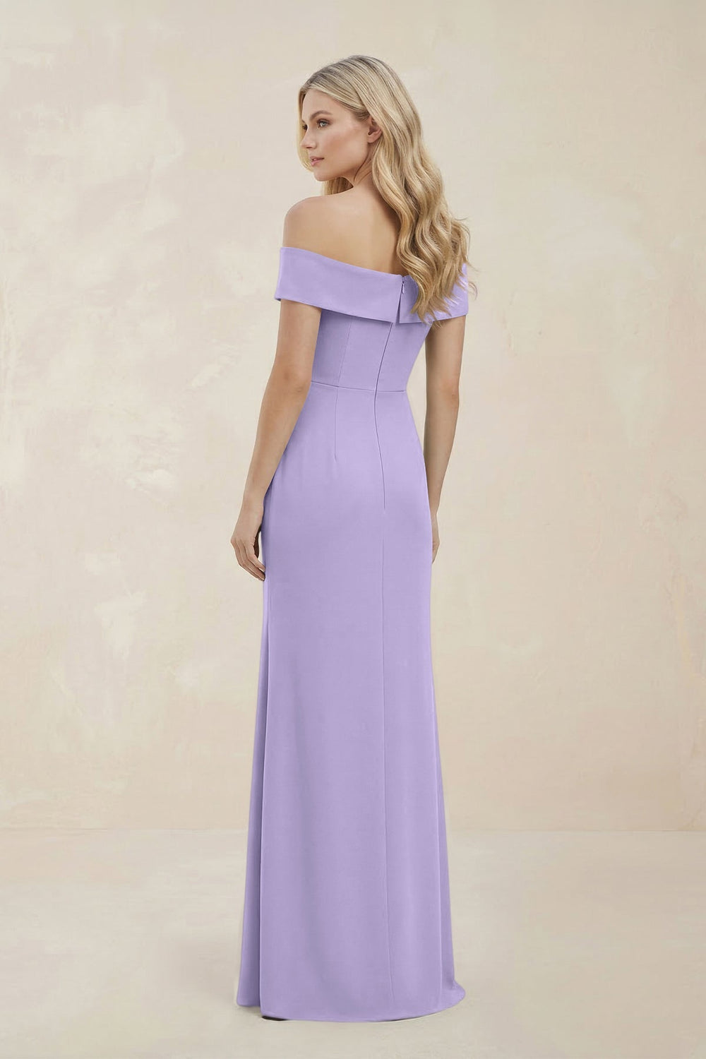 Off - the - Shoulder Satin Sheath Bridesmaid Dress With Slit in Lavender - KissProm Bridesmaid Dresses