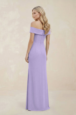 Off - the - Shoulder Satin Sheath Bridesmaid Dress With Slit in Lavender - KissProm Bridesmaid Dresses