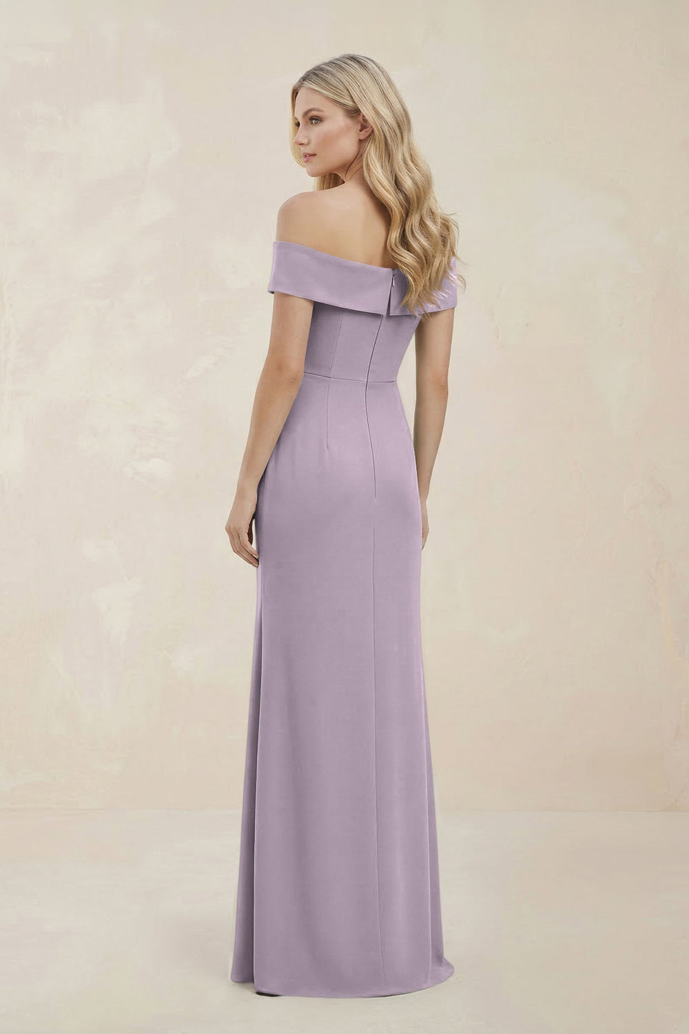 Off - the - Shoulder Satin Sheath Bridesmaid Dress With Slit in Lavender Grey - KissProm Bridesmaid Dresses