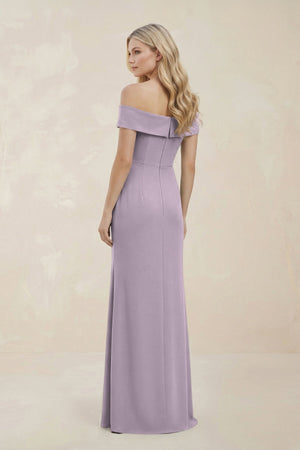 Off - the - Shoulder Satin Sheath Bridesmaid Dress With Slit in Lavender Grey - KissProm Bridesmaid Dresses