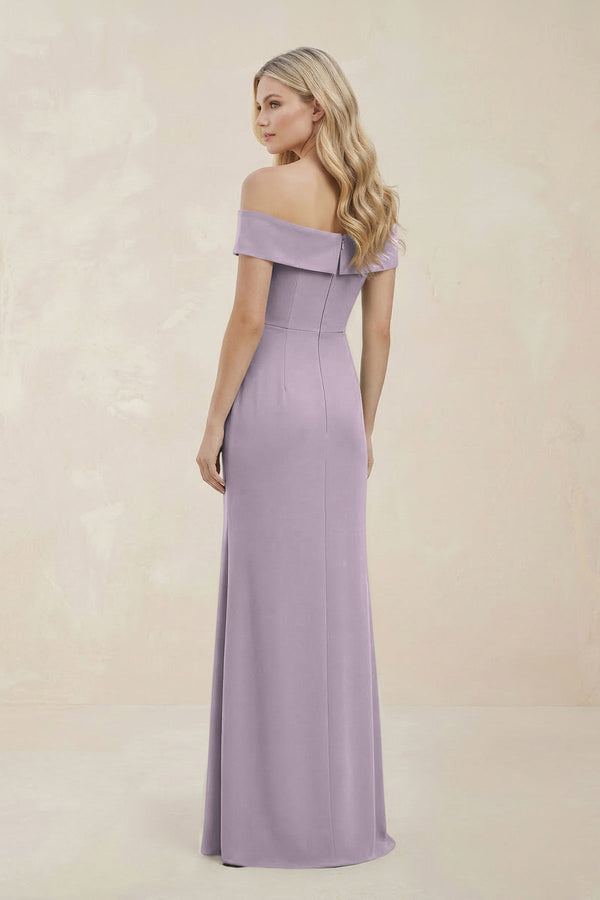 Off - the - Shoulder Satin Sheath Bridesmaid Dress With Slit in Lavender Grey - KissProm Bridesmaid Dresses