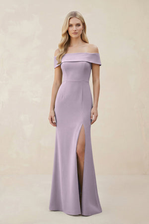 Off - the - Shoulder Satin Sheath Bridesmaid Dress With Slit in Lavender Grey - KissProm Bridesmaid Dresses