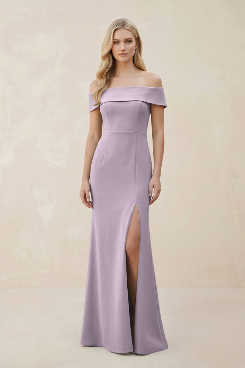 Off - the - Shoulder Satin Sheath Bridesmaid Dress With Slit in Lavender Grey - KissProm Bridesmaid Dresses