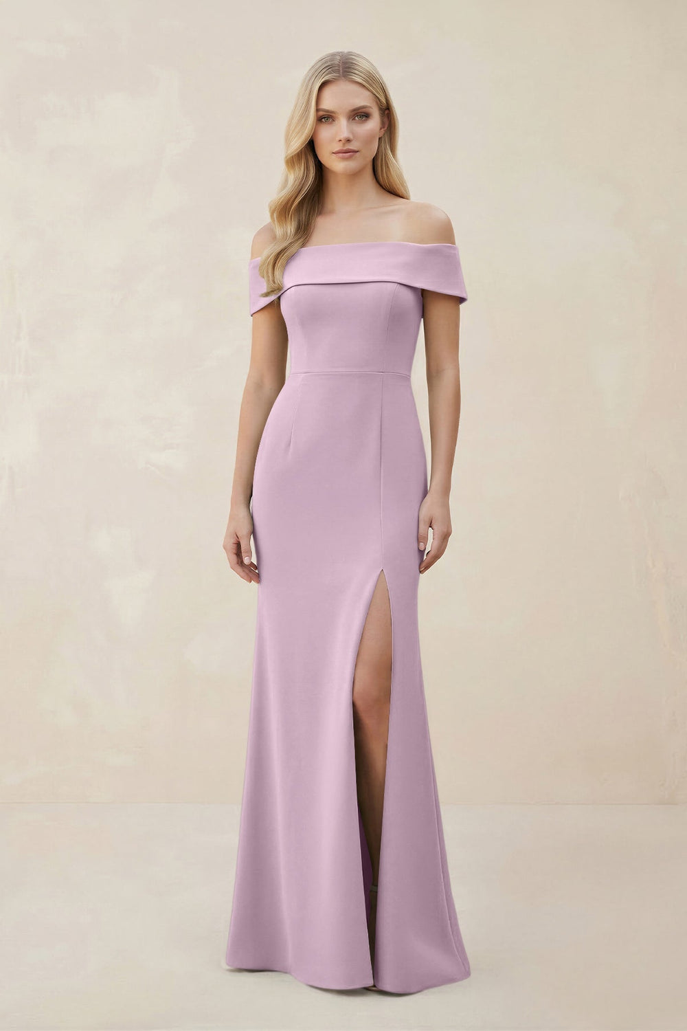 Off - the - Shoulder Satin Sheath Bridesmaid Dress With Slit in Lilac - KissProm Bridesmaid Dresses