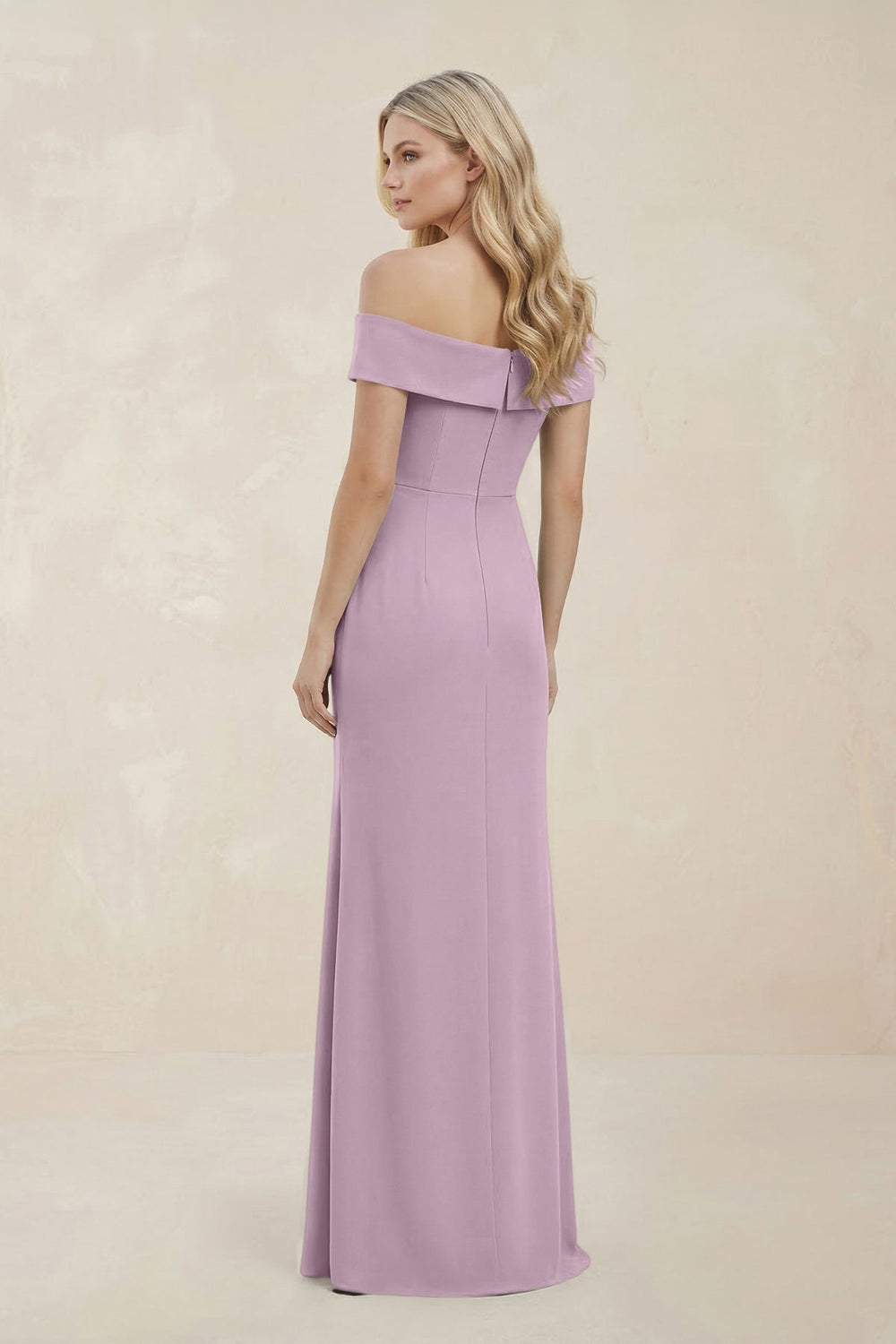 Off - the - Shoulder Satin Sheath Bridesmaid Dress With Slit in Lilac - KissProm Bridesmaid Dresses