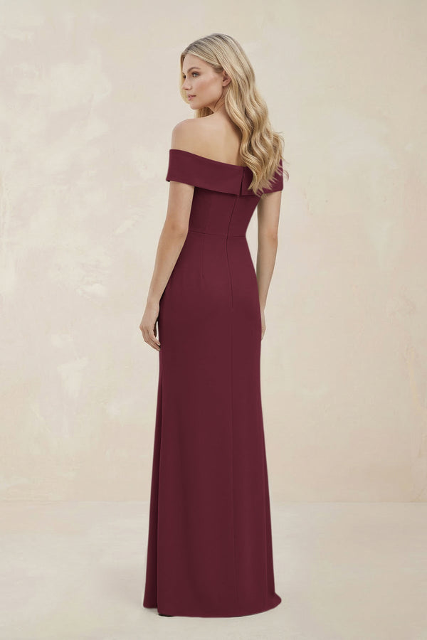Off - the - Shoulder Satin Sheath Bridesmaid Dress With Slit in Magenta - KissProm Bridesmaid Dresses