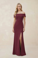 Off - the - Shoulder Satin Sheath Bridesmaid Dress With Slit in Magenta - KissProm Bridesmaid Dresses