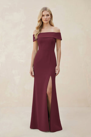 Off - the - Shoulder Satin Sheath Bridesmaid Dress With Slit in Magenta - KissProm Bridesmaid Dresses