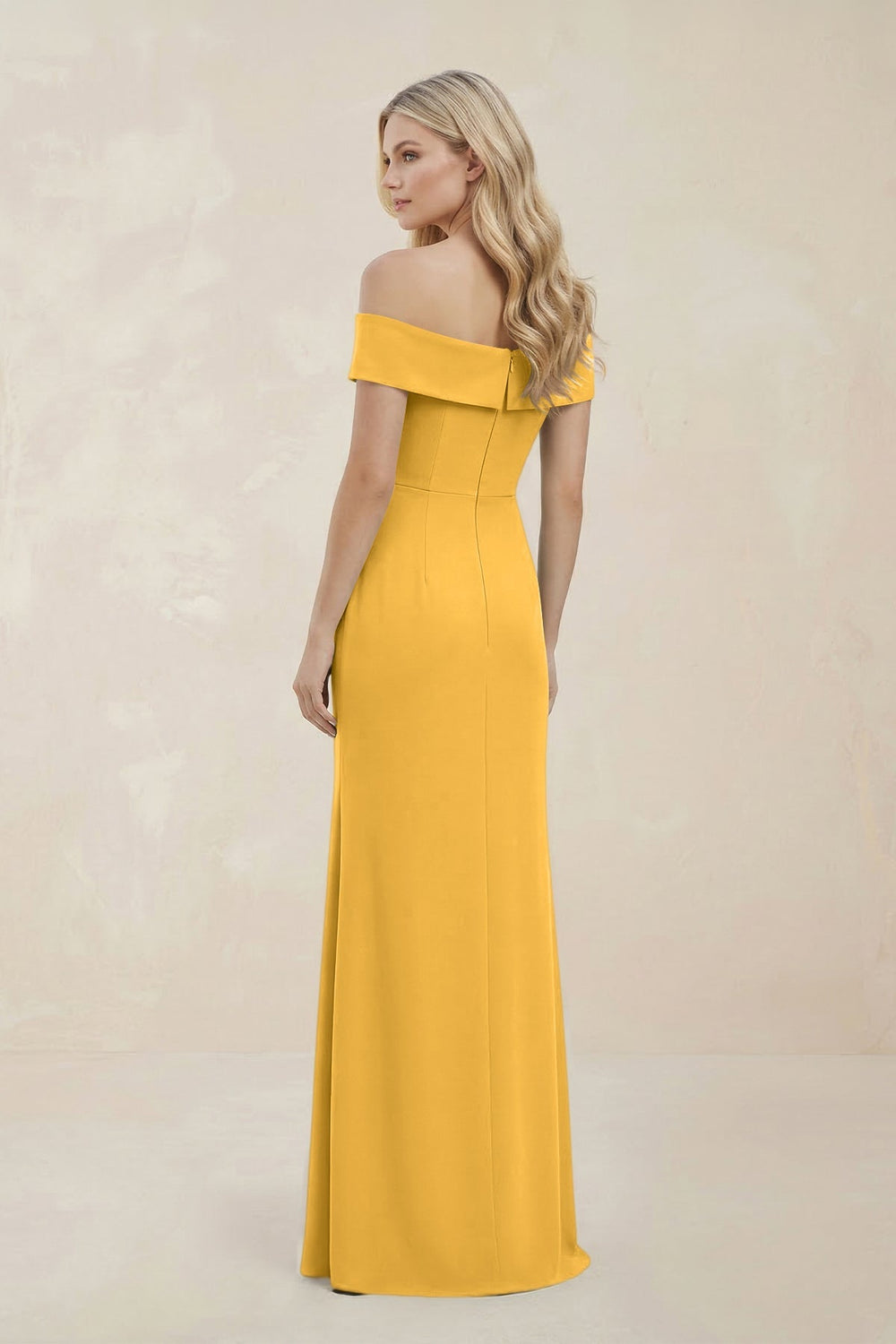 Off - the - Shoulder Satin Sheath Bridesmaid Dress With Slit in Marigold - KissProm Bridesmaid Dresses