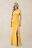 Off - the - Shoulder Satin Sheath Bridesmaid Dress With Slit in Marigold - KissProm Bridesmaid Dresses