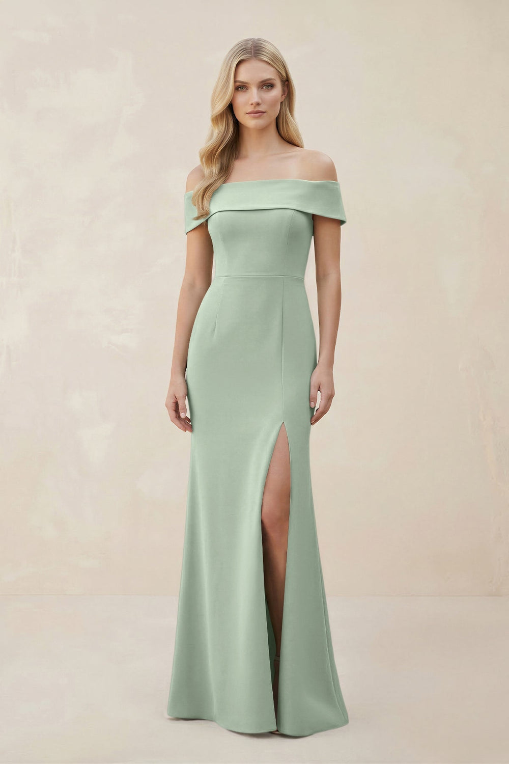 Off - the - Shoulder Satin Sheath Bridesmaid Dress With Slit in Matcha - KissProm Bridesmaid Dresses