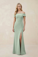 Off - the - Shoulder Satin Sheath Bridesmaid Dress With Slit in Matcha - KissProm Bridesmaid Dresses
