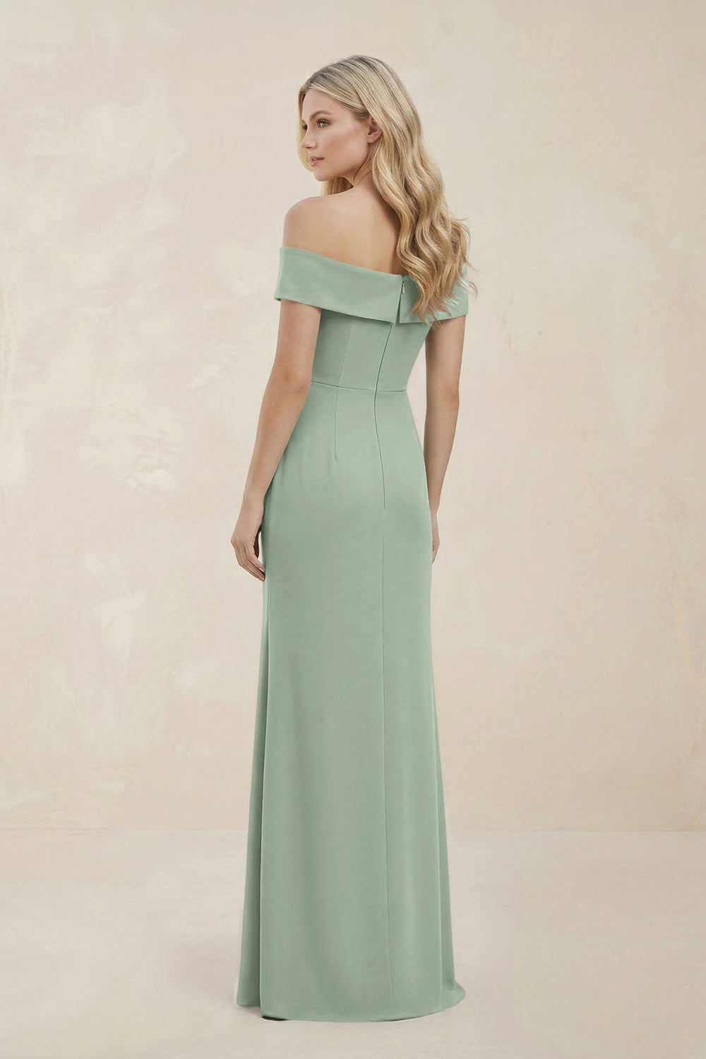 Off - the - Shoulder Satin Sheath Bridesmaid Dress With Slit in Matcha - KissProm Bridesmaid Dresses